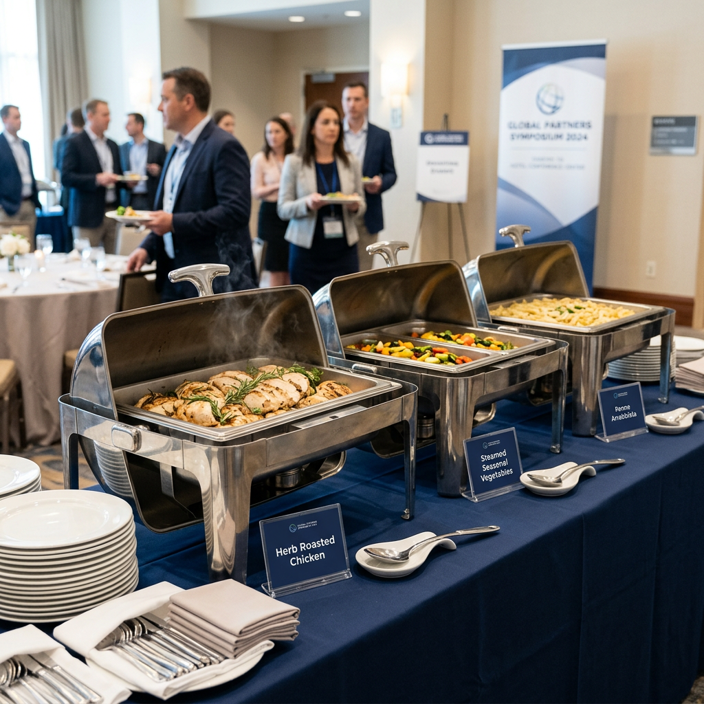 firefly gemini flash neat buffet line at corporate event, chafing dishes, name tag. 400x400px 159721